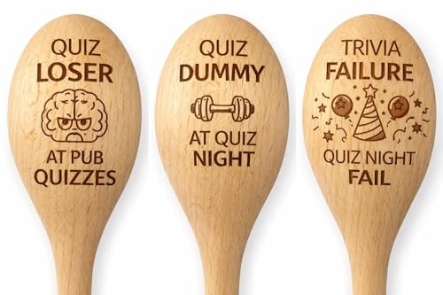 Funny Engraved Wooden Spoon – Quiz Night Kitchen Utensils, “Quiz Loser/Quiz Dummy/Trivia Failure” – Novelty Cooking Spoons Gift for Quiz Lovers, Pub Quiz Fans & Party Games (Set of 3)