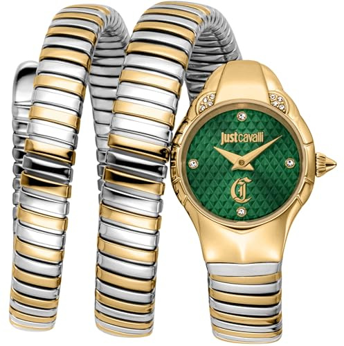 Just Cavalli Signature Snake Amanta - Damen-Armbanduhr Quarz Mode Armband und Edelstahlgehäuse Farbe Gold Analoges Zifferblatt Grün - JC1L393M0045
