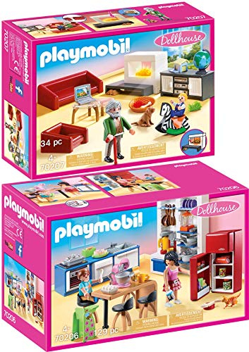 PLAYMOBIL® Dollhouse Juego de 2 Piezas 70206 70207 Cocina + Salón