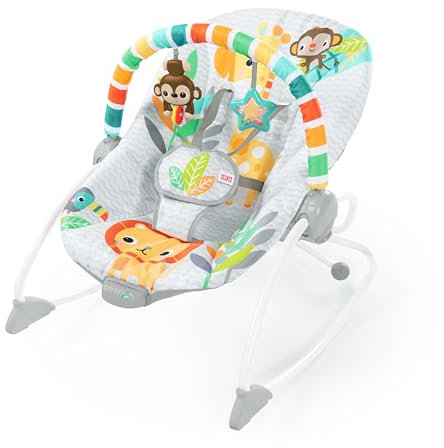 Bright Starts, Safari Blast 2 in 1 Infant to Toddler Rocker & Bouncer Seat with Soothing Vibrations, Baby Chair with Removable Toy Bar, 2 Toys, Reclinable, Newborn and up, Safari Themed