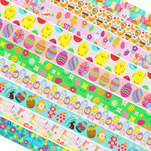 Ostern Stoffband für Geschenkverpackung 20 Meter (10 x 2 m), Ostern Bunt Rollen Bänder für DIY Basteln Schleifen Dekorative Haarbänder, Osterei Hase Küken Blume Karotte Schmetterling, 25mm Breit