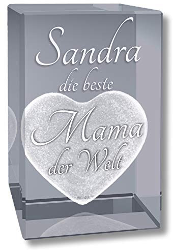 3D Kristall großer Quader 80mm | Herz | Muttertag | mit Namen graviert | Die Beste Mama der Welt