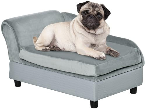 PawHut Canapé Chien Chat sur Pied avec Coffre de Rangement Style Moderne Coussin d'assise Amovible Grand Confort 76 x 45 x 43 cm Gris Clair