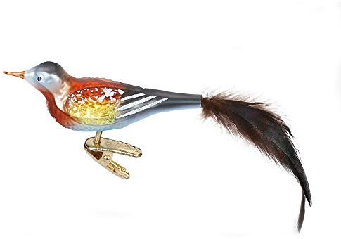 Christbaumschmuck Christbaumhänger Inge-Glas mit Sternenkrönchen, handbemalt und mundgeblasen, Gimpelfink, 10.5 cm