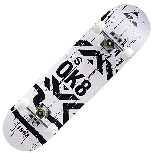 Skateboard Schwarz-Weißes Muster Skateboard Kinder ab 8 Jahre 80x20cm 7-Lagigem Ahornholz Longboard Double Kick Komplett für Anfänger Jungen Mädchen Erwachsene Profi Penny Board