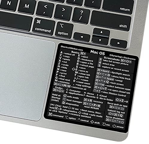 SYNERLOGIC (5 pcs) Mac OS Keyboard Shortcuts Stickers | No-Residue Laminated Vinyl Cheatsheet MacBook Keyboard Stickers 83 x 83 mm (Black, 5 pcs)