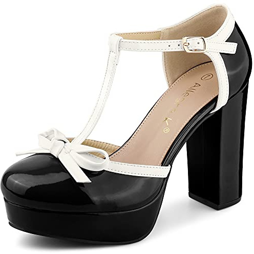 Allegra K - Pompe da Donna con Fiocco e Cinturino a T, Nero, 39 EU