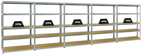 PROREGAL Mega Deal 5er-Set Schwerlastregale Big Elephant 180x120x45cm mit 5 Ebenen Fachlast 250kg Verzinkt