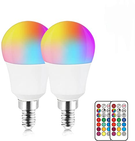 DoRight E14 Bombilla LED de Color Cambiante, 3W Regulable RGBW Bombilla de Bola de Golf con Control Remoto SES Multi Color E14 Bombilla RGB+Blanco Caliente para Iluminación de Fiestas en Casa (2-Pack)