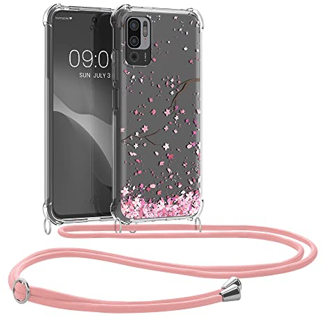 kwmobile Necklace Case kompatibel mit Xiaomi Redmi Note 10 5G Hülle - Silikon Cover mit Handykette - Rosa Dunkelbraun Transparent Kirschblütenblätter