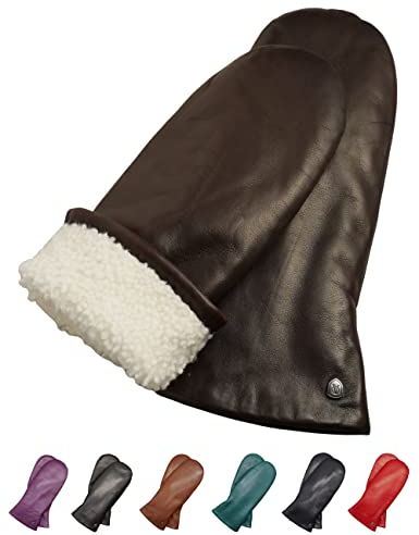 AKAROA ESTD 2019 Lederhandschuhe Damen SUE, Fäustling, italienisches Leder, Futter aus original Neuseeland Lammfell, schwarzbraun, M/L - 8