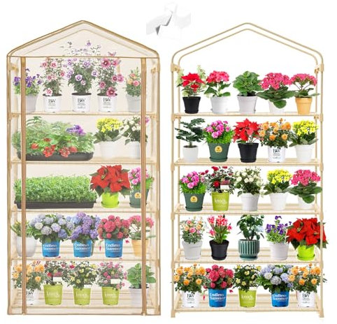 Purlyu Garden 50% Extra Wide Mini Greenhouse 5 Tier Portable Plant Green House 40 in Wide -Sturdy Gardening Shelves with PE Cover & Roll-Up Zipper Door-19″W. x 40″L. x63″H(PLGH1005OWP)
