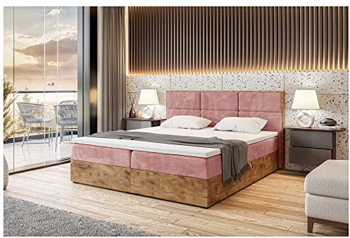 MEBLINI Boxspringbett mit Bettkasten - Gepolstert Doppelbett mit Matratze und Topper - Polsterbett mit Stauraum - Bett mit Kopfteil - Stauraumbett - Lofty 2-120x200 - H4/Rosa Samt