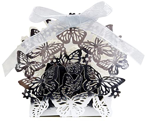 Uposao Gastgeschenke Hochzeit, 50 Stück Süßigkeiten Kasten Schokolade kartons Gastgeschenk Kartonage Box Schmetterling Muster DIY-Party-Geschenkbox Schachtel für Tischdeko Hochzeit Dekoration,Silber
