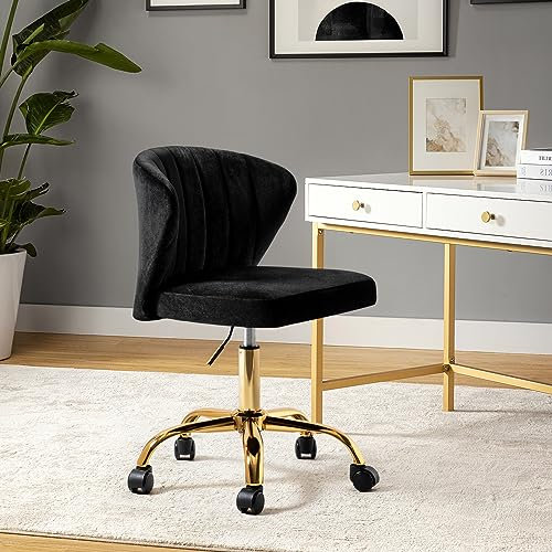 HULALA HOME Swivel Office Chair Desk Chairs Velvet Comfy Upholstered Computer Cute Chairs with Adjustable Height & Padded Cushion for Home Office, BLACK