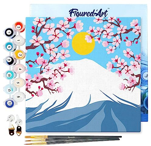 Figured'Art Mini Malen Nach Zahlen Erwachsene Mit Rahmen 20x20cm Kleines Format - Berg Fuji - Paint by Numbers Basteln DIY Bastelset Leinwand gespannt auf Holzrahmen