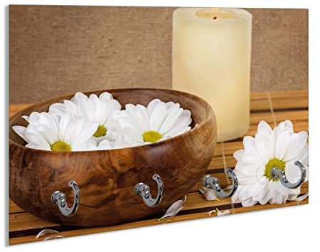 Wallario Handtuchhaken für Bad & Küche aus Glas 30 x 20 cm, Wand Handtuchhalter mit 4 Haken, Motiv: Stillleben - Kerzen und Blumenblüten in Holzschale