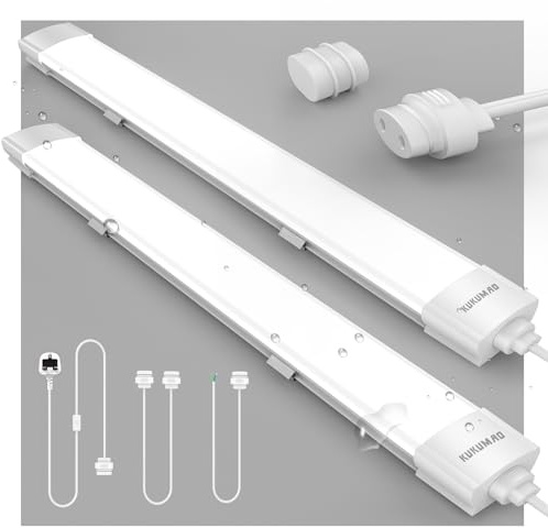 KUKUMAO LED Batten Light 6000K Daylight, Linkable LED Fluorescent Strip 4000LM Fitting for Garage, Workshop, Office, Wall, Kitchen, Shed, IP65 Plug in Ceiling Light Strip, 4FT, 120cm, 36W.