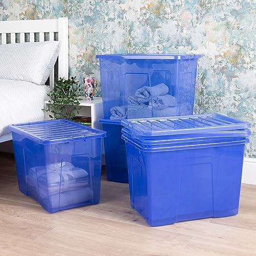 Wham Crystal 5x 80L Plastic Storage Boxes with Lids Tint Spectrum Blue. Large Size, Strong (Pack of 5, 80 Litre). Made in the UK