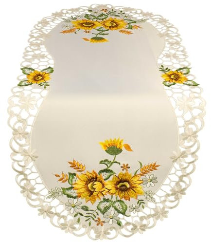 Hossner Tischläufer oval 40x85 Sonnenblume Tischdecke Aufleger Decke Läufer Tischdekoration Sommer Herbst Stoff Bestickt Saulgau