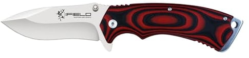 iFIELD Couteau Pliant Bushcraft Outdoor Lame inox 7cr17mon poignée en micarta rouge,Coffret en bois, Multifonctionnel, Randonnée Camping Chasse