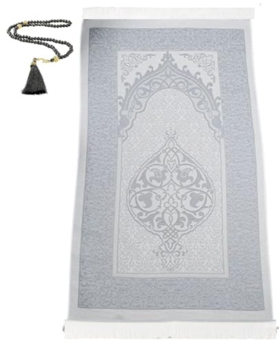 Prien Gebetsteppich Muslim mit Tesbih | Seccade mit Gebetskette | Gebetsmatte Islam für Frauen | Islamische Teppich Geschenke Set für Männer | Prayer Mat Geschenk Gebet Ramadan Namazlik (Grau)