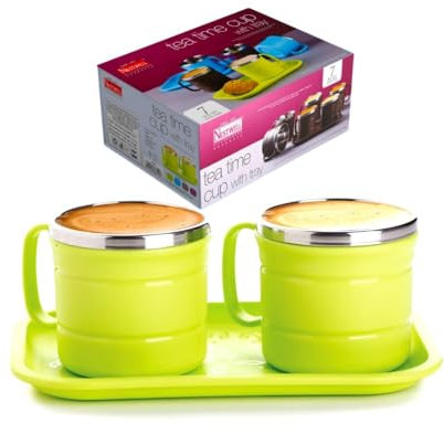 Nestwell N-338 Stainless Steel Tea Time Cup with Tray Stylish Durable and Temperature Retaining 6 Cup with 1 Tray Multi Colour Variant and Doble Wall Construction (Icky Green)