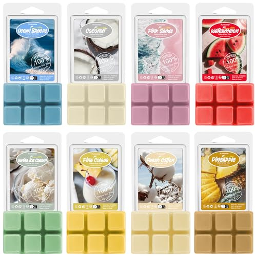 SoulOrigin Summer Scented Soy Wax Cubes Set for Wax Warmer-Sea Breeze, Coconut, Pina Colada, Pink Beach, Pineapple, Watermelon, Vanilla Ice Cream, and Fresh Cotton, 8x2.5oz