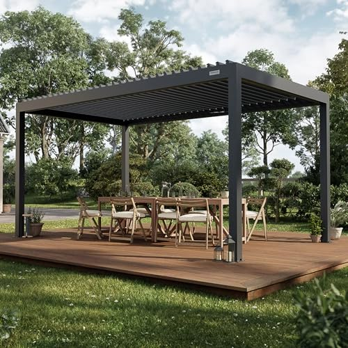PERGOLUX – Sundream S2 elektrische Pergola – Garten Pavillon mit LED-Beleuchtung & elektrisch verstellbarem Lamellendach (Anthrazit, 3x5m Freistehend)