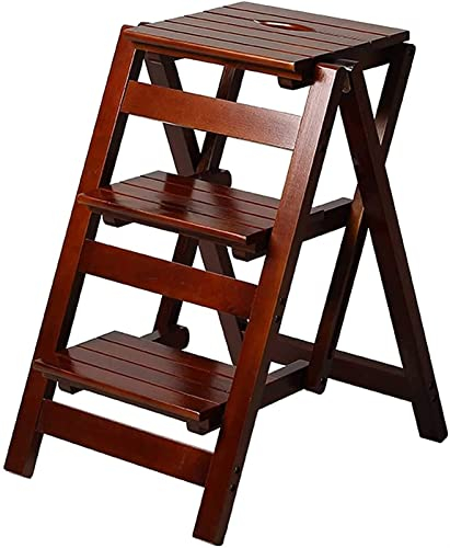 SZITW 3-Stufen-Hocker, Klappleiterstuhl aus Holz für Zuhause, verdickter Bibliothekstreppenstuhl, tragbare leichte Gartengeräteleiter, maximale Belastung 150 kg (Dunkelbraun)