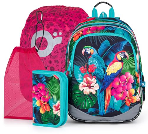 Schulrucksack Set ab 3. Klasse - ELLY 24004 - 4-TEILIGES SET (Papageien)