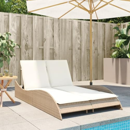 Gecheer Lettino,Sdraio,Prendisole Matrimoniale Reclinabile in Polyrattan,Beige,114x205x54/63/73 cm,Lettino da Sole,Lettino da Giardino in Rattan,Lettino Prendisole Reclinabile
