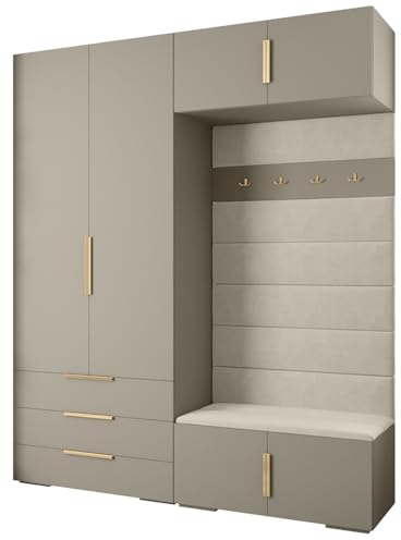 MEBLE KRYSPOL Inova 1 Möbelset - Moderne Garderobe - für Schlafzimmer, Wohnzimmer, Flur, Kinderzimmer - Ankleidemöbel - 236,7x200x47cm - Kaschmir, Paneele Manila 02, Handgriff Gold
