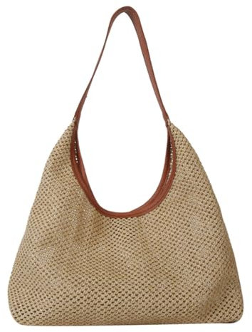 Femmes Grand Sac de Paille Sac de Plage D'été Sac Paille Femme, Style Boho Fait Main Sac de Paille de Plage avec bandoulière et fermeture éclair Sac à Main Souple Fourre-tout Sac E'épaule en Rotin