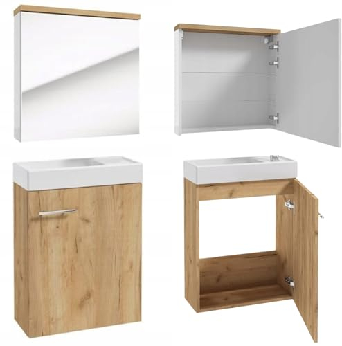 .Deftrans Waschtisch + Spiegel Badmöbel Set für Gäste Bad WC 50 x 70 x 23 cm Eiche, waschbeckenunterschrank und spiegelschrank Bad, badezimmerschrank- spiegelschrank und waschbecken mit unterschrank