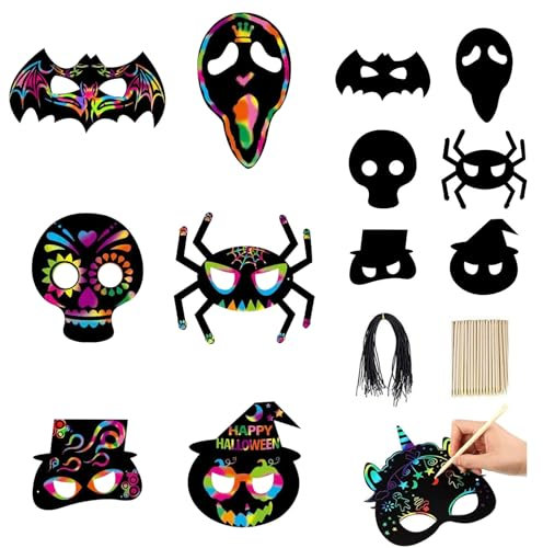 Yeomju 12 Stück Halloween Regenbogen Kratzbilder Kunst für Kinder,Kinder Regenbogen Scratch Art für Junge Mädchen,Fledermäuse,Kürbisse,Spinnen und Gruselmasken Kratzbilder