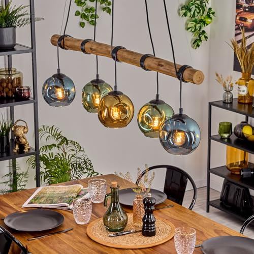 HOFSTEIN Pendelleuchte Ripoll, Hängelampe aus Metall/Holz/Glas in Schwarz/Natur/Grün/Blau/Gold, Hängeleuchte im Retro/Boho-Design mit Glasschirmen und Holzbalken, E27, Esszimmer, Wohnzimmer, Küche