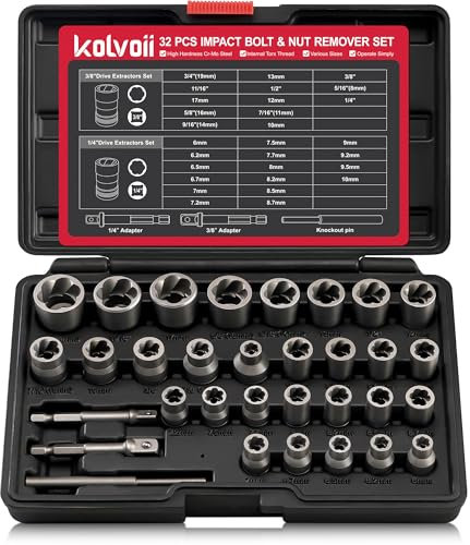 Kolvoii Kit d'extraction de boulons, extracteur d'écrous et de douilles dénudées et arrondies avec entraînement de 6,35 mm et 9,5 mm, 32 pièces pour écrous de roue endommagés, gelés, cassés, rouillés