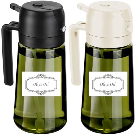 SCFRF 16oz/470ml Light-Blocking Oil Sprayer for Cooking with Labels, 2 in 1 Olive Dispenser Bottle, Premium Green Glass, Food-Grade Mister for Air Fryer, BBQ, Kitchen