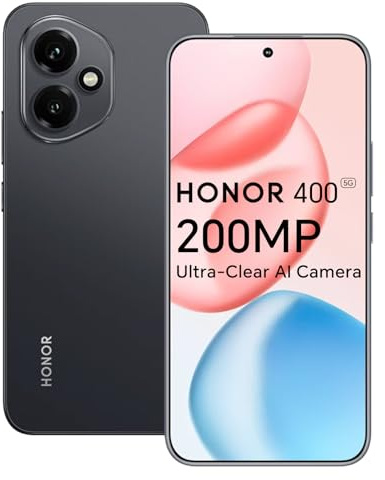Honor 400 5G Smartphone, 8GO 256GO, Caméra AI Ultra-Claire de 200 Mpixels, 6,55 AMOLED Display 120Hz, Snapdragon 7 Gen 3, 5170mAh, IP65, Dual SIM, NFC, Android 15, sans Chargeur, Noir