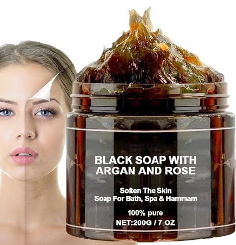 Moroccan Black Soap, Feuchtigkeitsspendende Körperseife, Marokko Schwarze Seife, 200g Körperseife Mit Argan, Rose, Reinigende, Aufhellende Seife Für Frauen, Männer, Reisen, Zuhause, Geschäftsreisen