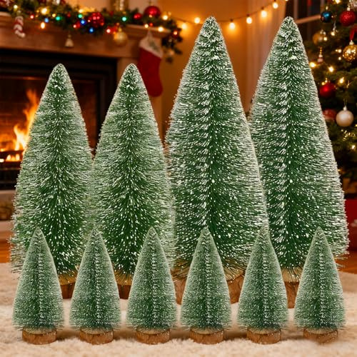 10 Stück Mini-Weihnachtsbäume mit Schnee-Effekt & Holzständer, 10-20 cm – Dekoration für Tisch, Fensterbank & mehr