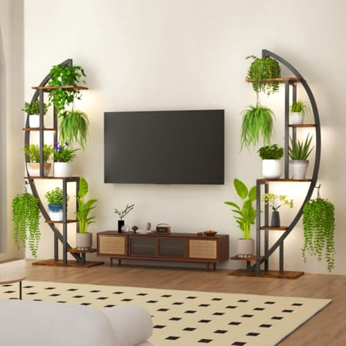 GOKHOMX Lot de 2 Support Plantes d'intérieur à 6 Niveaux avec Lampe de Croissance, Grand Étagère de Plantes Demi-rond de 160cm Haut Porte Plante Interieur pour Salon Couloir Balcon, 50x30x160cm