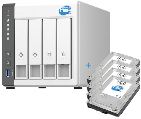 SIMPLETEK - Sistema NAS a 4-Bay con 4GB RAM, 4 HDD da 6TB Inclusi, 4-Core e USB-A + LAN 2.5G per Cloud e Server