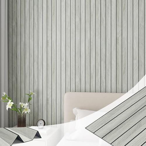 LACHEERY Holz Wandpaneele Selbstklebend Wohnzimmer Holzpaneele Wand Grau 90cm x 400cm Dick Wandpaneele Selbstklebend Wasserfest Vinyl Hellgrau Paneele Wand Vintage für Badezimmer Schlafzimmer