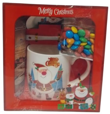 Festive Mug Set with Hot Drink Sachet and Coated Chocolates Assorted Design Ceramic Mug in Decorative Box Ideal for Warm Drinks Snacking and Seasonal Indoor Enjoyment