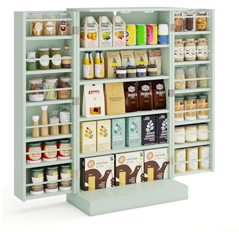 COSTWAY Alacena de Cocina con 2 Puertas, Aparador Cocina con 17 Compartimentos Interior y 6 Estantes Ajustables de 3 Niveles, Muebles de Salon de Madera con Diseño Antivuelco, 59x30,5x103 cm (Verde)