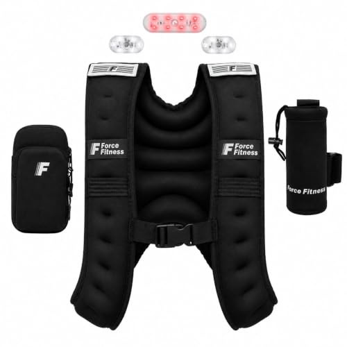 Force Fitness Weighted Vest for Running with LED Safety Lights (4–12kg) | Ideal for running, walking and rucking with removable LED lights, phone storage, bottle holder and adjustable fit