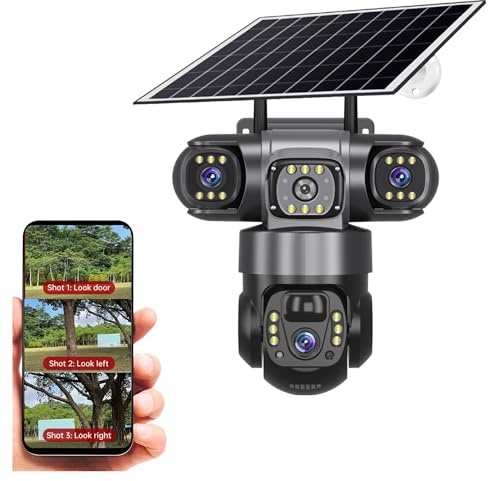 Telecamere di Sorveglianza, Telecamera solare 4G SIM da esterno 3 lenti Tre schermi Webcam PIR Rilevamento umano CCTV Video di sicurezza Batteria PTZ IP Camara(6MP 5X Cam)