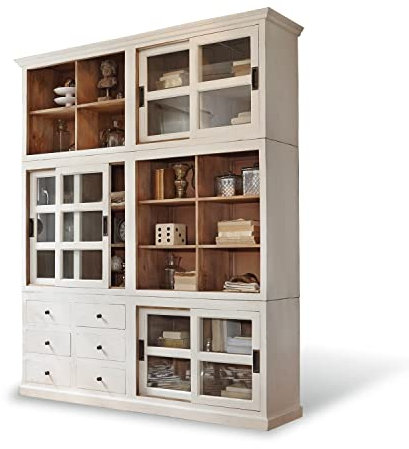 Loberon Schrank Dubberly, Handgearbeitet, Antik-Finish, Zweifarbige Verarbeitung, mit Sechs Schubladen & Schiebetüren, Aufbewahrung, Mangoholz, Glas, antikweiß/antikbraun